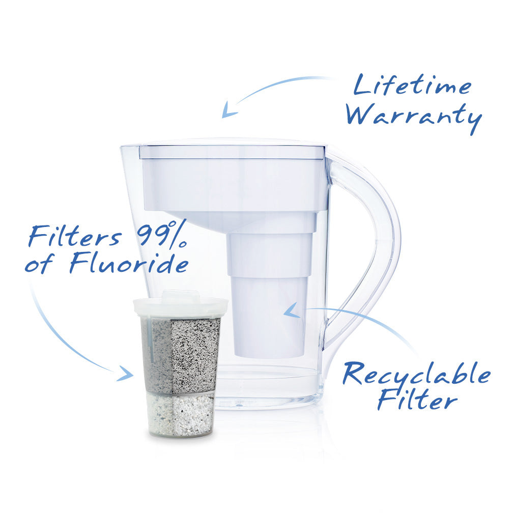 The white MINA Jug with no touch filling, lifetime warranty, filters 99% fluoride, a recyclable filter, adds minerals #colour_white