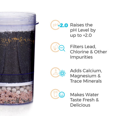 The Santevia Gravity Water System 5-stage Filter will raise the pH level by 2.0, filter lead and chlorine, and add calcium & magnesium.#filter-type_5-stage-filter